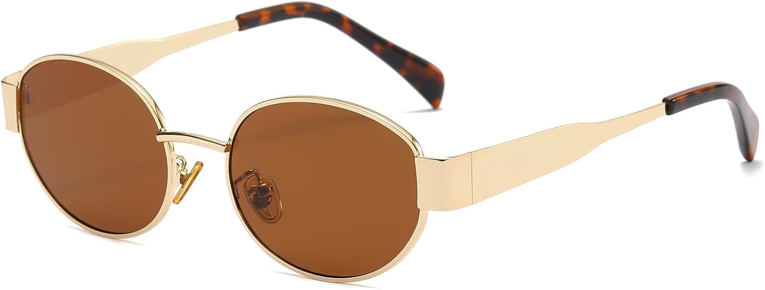 Carsbyvictor Sunglasses Oval Sunglasses for Women Men Fashion Luxury Metal Sun Glasses 90s Vintage Designer style (Gold/Brown)