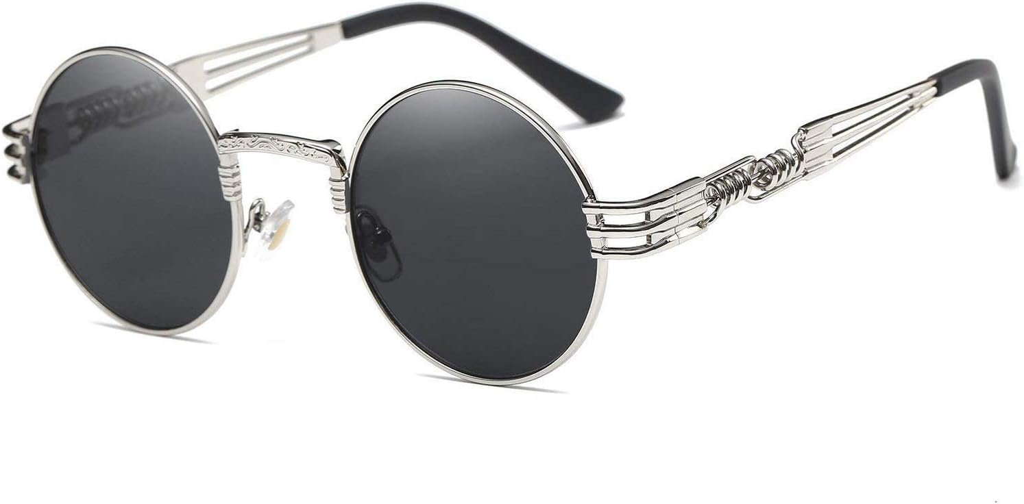 Carsbyvictor Sunglasses Round  Sunglasses Steampunk Metal Classic Frame Mirror Lens(C1:Black Lens+ Silver Frame)