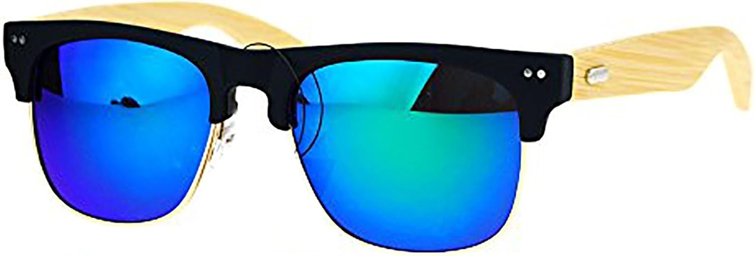 Carsbyvictor Sunglasses Browline Real Bamboo Temple Sunglasses Square Matted Top Mirror Lens UV 400