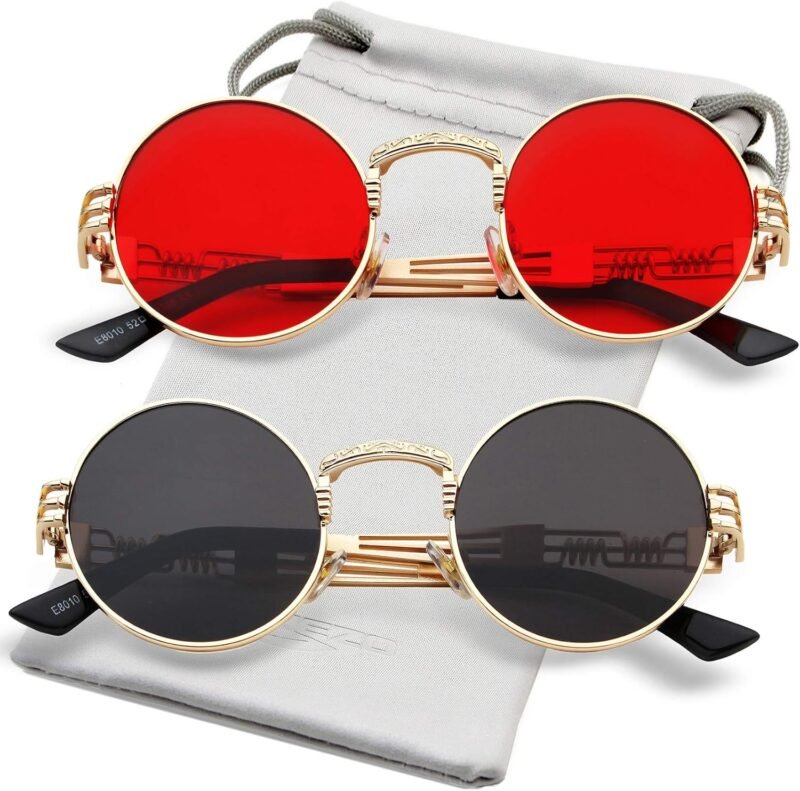 Carsbyvictor Sunglasses Round  Round Steampunk Sunglasses Circle Lennon Hippie Glasses Metal Frame 100% UV Blocking Lens